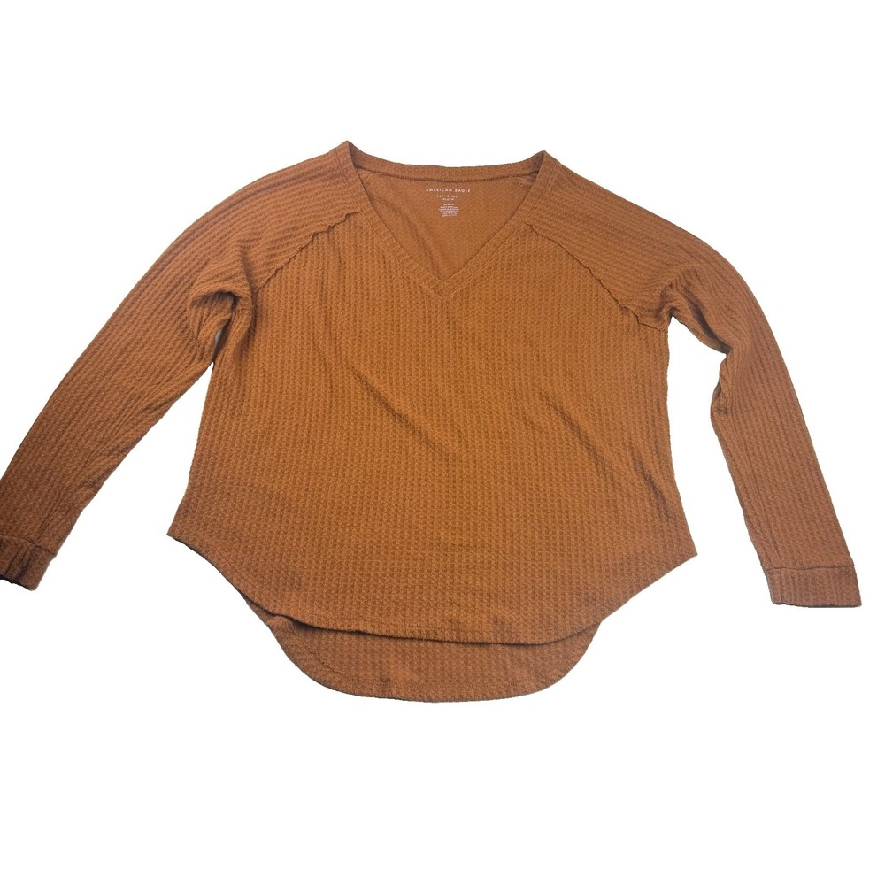 American Eagle Soft & Sexy Plush Waffle Knit V Neck Top Womens M Rust Brown